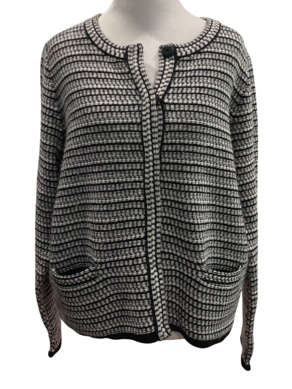 Pure Collection Striped Wool Cashmere Cardigan Size 12 Black Quiet Luxury Preppy